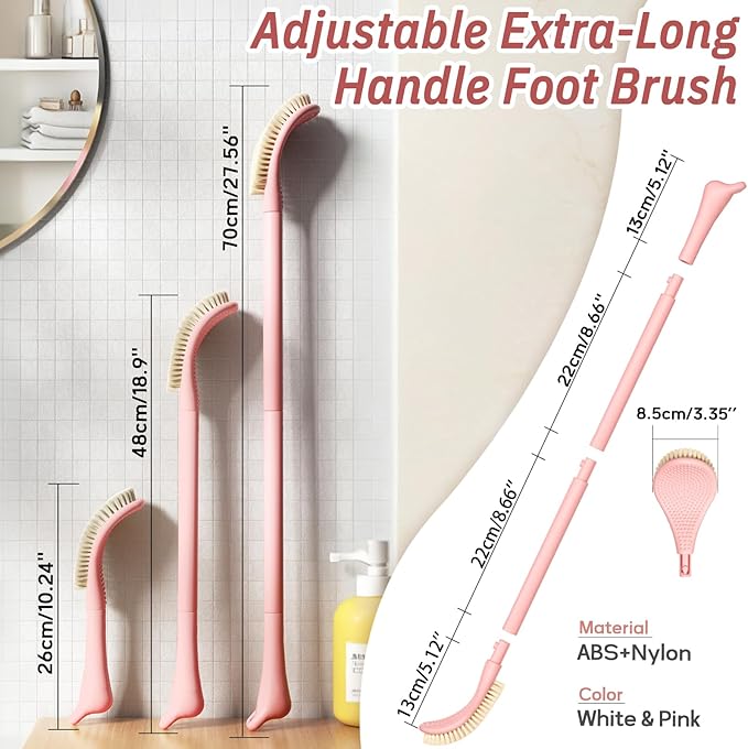 New Foot Brush & Foot Files Set(3PCS), 3-in-1 Foot Scrubber with Long Handle, 10.2’’-27.5’’Adjustable Foot Scrub Brush and 2 Upgrade Foot File Callus Remover, Gift-Box Packed(Pink+2*Foot File)