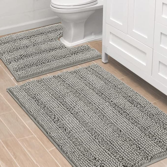 H.VERSAILTEX Bathroom Rugs Bath Rug Set 2 Piece Bathroom Contour Rug Toilet Mat Sets Non Slip Contour Bath Rug Ultra Thick Water Absorbent Striped Bath Mats Washable(36" x 24" Plus 20" x 24" U, Dove)