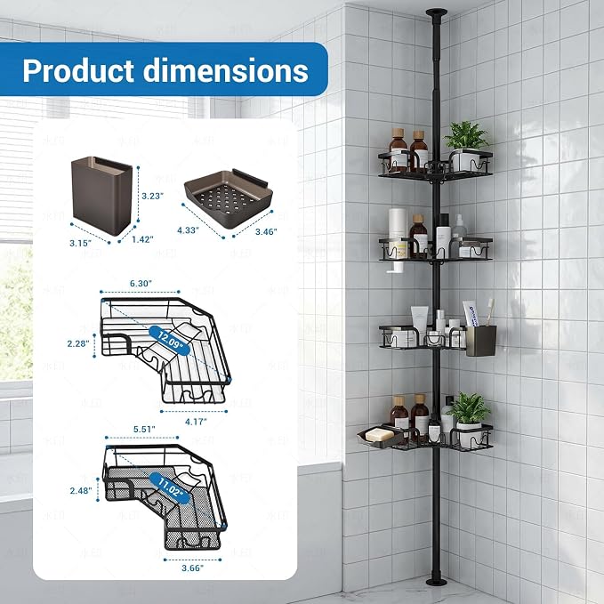 4-Tier Corner Shower Caddy Tension Pole, Floor to Celing Shower Corner Shelf Organizer with Soap Hold No-Drill 23.6-114.5 Inch