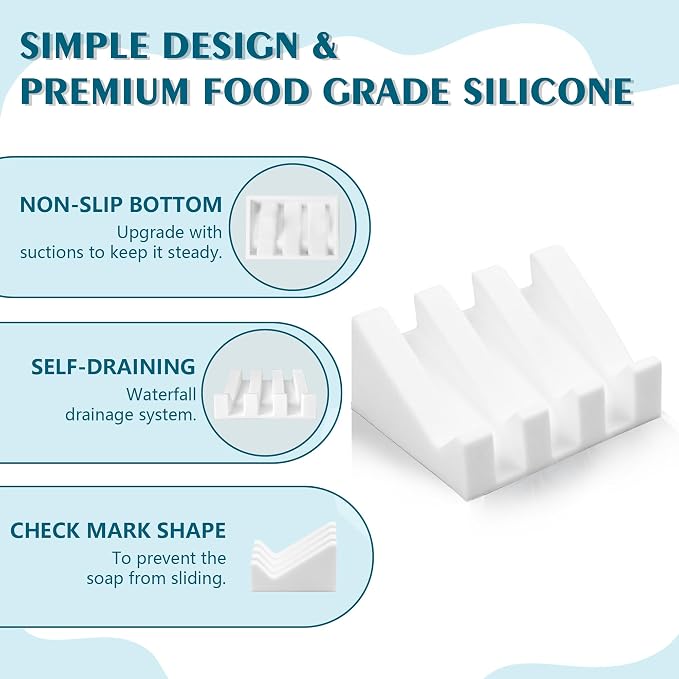 Self Draining Soap Dish Holder,Silicone Soap Dish,for Bathroom,Kitchen, Sponges，Can Extend Soap Life，Keep Soap Bars Dry and Easy Cleaning (White,2-Pack)