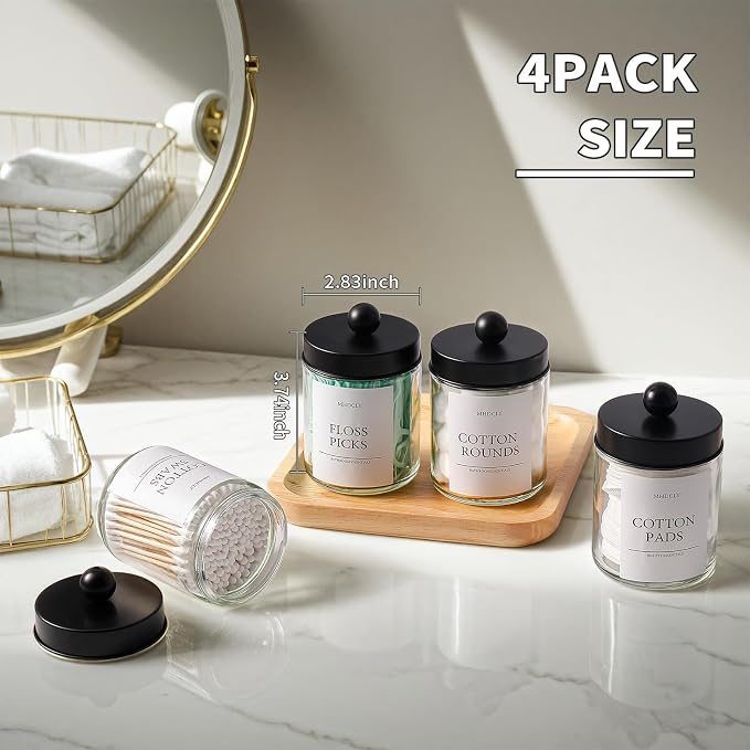 Bathroom Organizers and Storage,4 Pack,48 oz Total,Bathroom Accessories,Bathroom Decor,Bathroom Storage and Organization,Qtip Holder for Room Decor Aesthetic (Black lids)