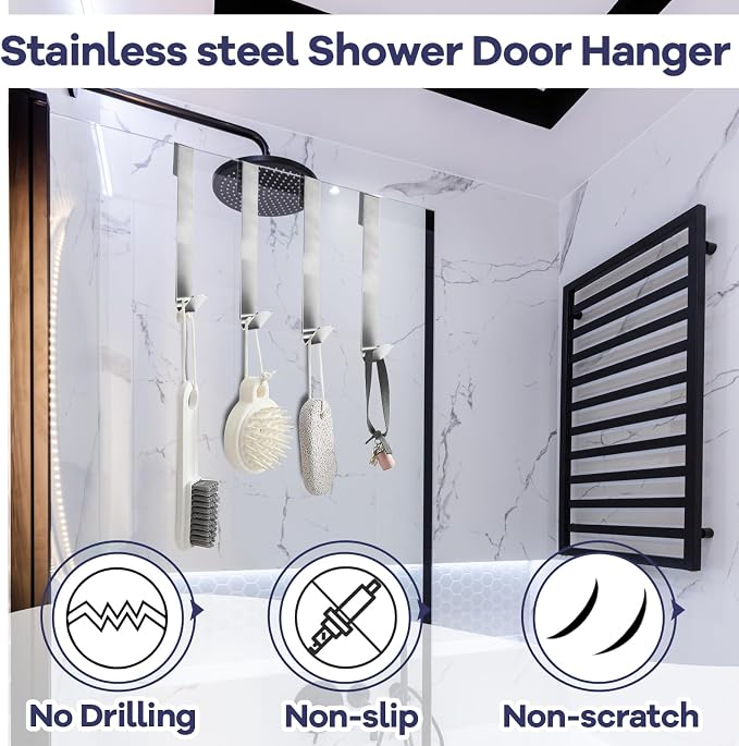 Zorfeter 12 Inch Extended Over Shower Door Hook, Stainless Steel Heavy Duty Shower Hooks Drilling-Free Towel Hooks for Bathroom Frameless Glass Shower Door - 3 Packs