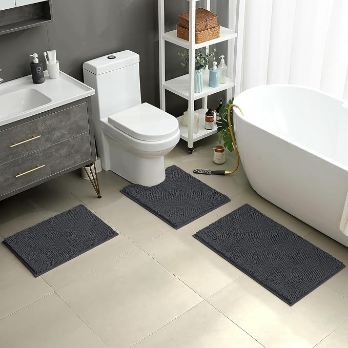 HOMEIDEAS Dark Grey Chenille Bathroom Rugs Set of 3, Non Slip Bath Mat | Super Absorbent, Soft Microfiber, Machine Washable, Stain Resistant, for Bathroom Decor
