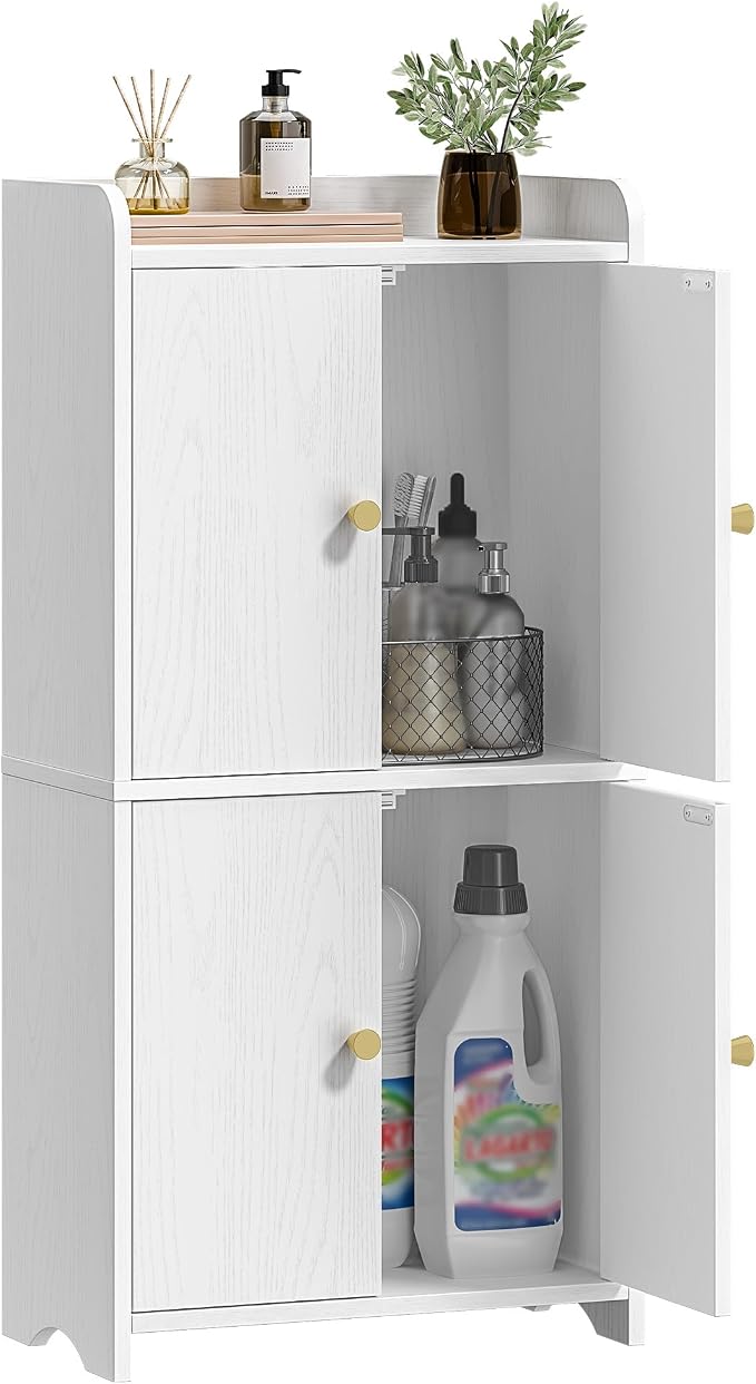 HEXCELEN Small Storage Cabinet, Bathroom Storage Cabinet with 4 Doors, Floor Bathroom Organizer Freestanding for Small Spaces, Living Room, Kitchen, Entryway (Modern Minimalism, White)