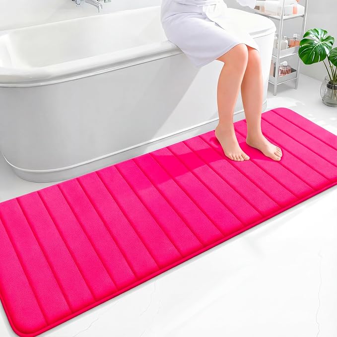 OLANLY Memory Foam Long Bathroom Rugs Runner 70x24, Super Soft Absorbent | Hot Pink, Quick Dry Bath Mat, Machine Washable Shower Floor Rugs, Bathmat Carpet for Bathroom Floor, Tub and Shower