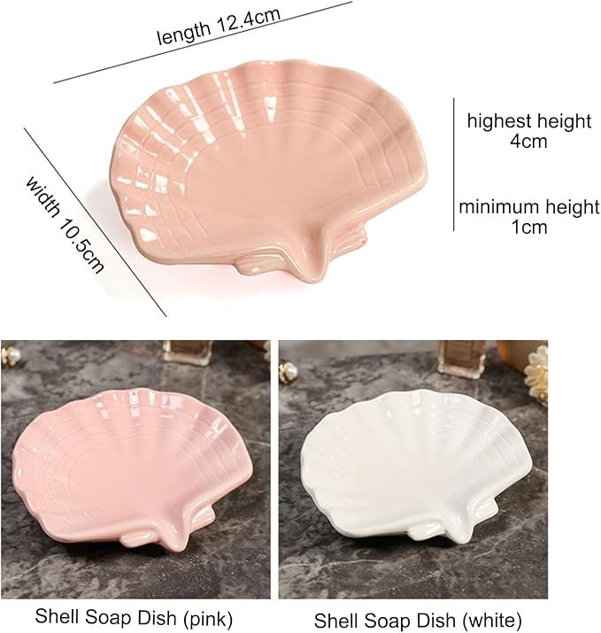Ceramic Soap Holder, Sea-Shell Soap Tray with Self Draining, Soap Tray for Sink Washroom Bathroom Shower, Small Cute and Elegant Holder with Glaze, Easy Cleaning (Pink)