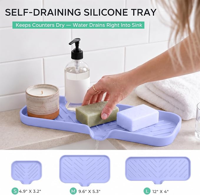 MicoYang Silicone Soap Dish with Drain Spout — Self-Draining Double Sink Organizer Tray for Kitchen & Bath, Dispensers, Sponges & Soap Holder, Non-Slip & Dishwasher Safe, Light Purple (Large, 12"×4")