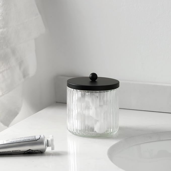 4-Pack Glass Qtip Holder Dispenser Set for Cotton Ball, Swab, Round Pads, Floss Picks - Bathroom Canister Storage Organization and Vanity Makeup Organizer(Clear-4)