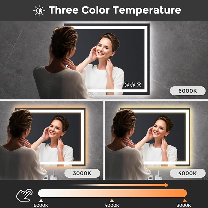 Koonmi 32x30 LED Bathroom Mirror with Light, Anti-Fog, 3 Colors | Backlit + Front Lit, Dimmable Brightness, Shatterproof HD Distortion-Free Tempered Glass, Hardware Included