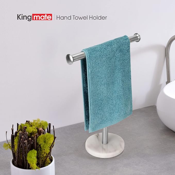 Hand Towel Holder Stand, Natural Marble Base T-Shape Fingertip Towel Rack, Rust-Proof (Brushed Nickel)