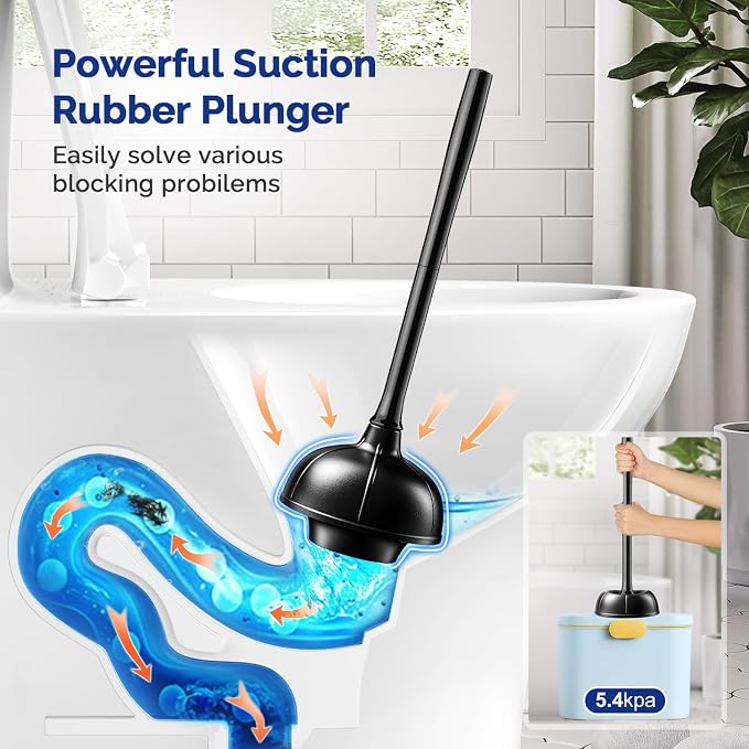 HAMITOR Toilet Plunger Bowl Brush Combo：Heavy Duty Rubber for Drain Clog | Curved Design Bristles for Deep Cleaning Under Rim - Compact Bathroom Cleaning Tools for New Homet Essentials, Black