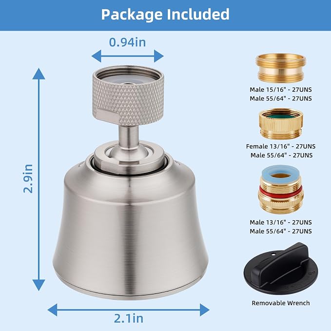 Hygie Rinse Kitchen Sink Faucet Head Replacement 4 Spray Faucet Sprayer Attachment with 2 Ball Joint, Big Angle Swivel, 55/64-27UNS Famale Thread, Male Thread Adapter Included, Brushed Nickel