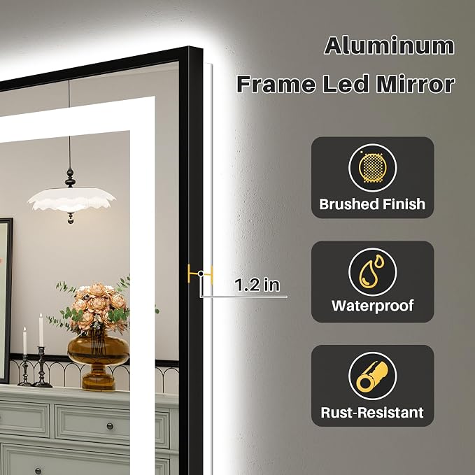 40x36 Inch LED Bathroom Mirror with Black Frame, Backlit & Front Lit | Anti-fog, 3 Color Dimmable, Memory Function, HD Reflection Tempered Glass, ETL Listed, IP54 Waterproof