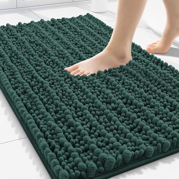 Smiry Bathroom Rugs 30X20, Extra Soft Rubber Backing Chenille Bath Mats | Green Machine Washable Non Slip Quick Dry Bath Mats for Bathroom Floor, Tub, Shower, Home Decor Accessories