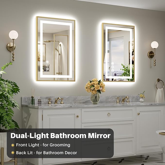 24x36 Inch LED Bathroom Mirror with Gold Frame, Backlit & Front Lit | Anti-fog, 3 Color Dimmable, Memory Function, HD Reflection Tempered Glass, ETL Listed, IP54 Waterproof