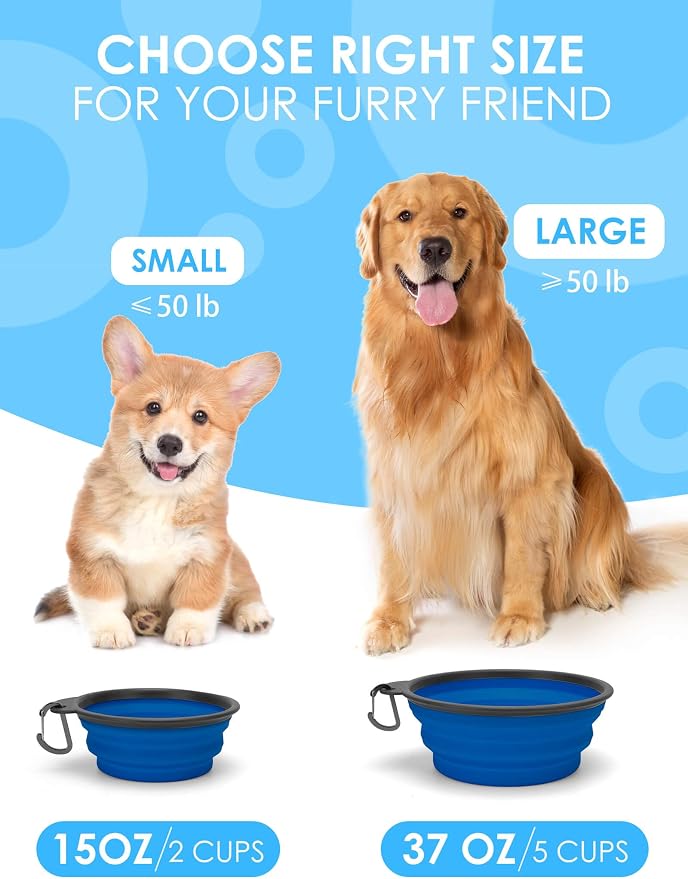2 Pack 37oz/4.6 Cup Collapsible Dog Bowls with Bottle Carrier | Upgraded Carabiner,One-piece Molded Rim Won't Fall Off or Crack, Foldable Portable for Pets Water Drinking or Food Feeding