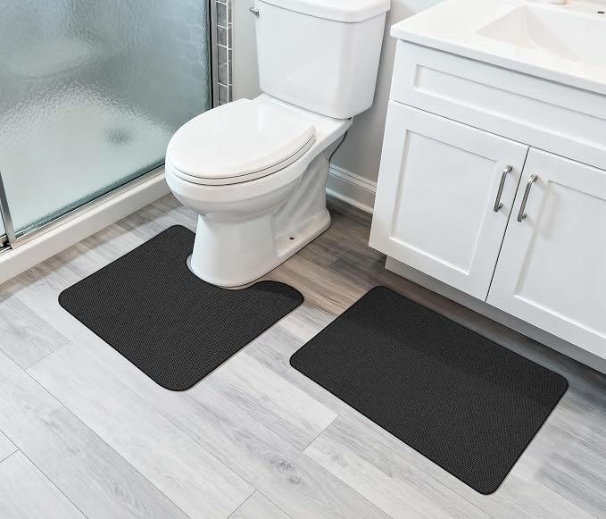 Bosap Bath Mat Set 2 Pieces,Ultra Thin Bathroom Rugs,Rubber Toilet Rugs | Non Slip,Quick Dry,Machine Washable,Low Pile,Absorbent,Shower,Sink,Bathroom Decor.(Black,17"x27" Plus 20"x24"U Shaped)
