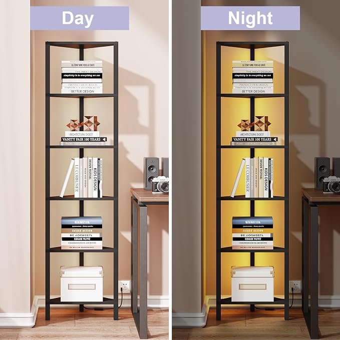 TUTOTAK Corner Shelf with LED Light, 6-Tier Corner Bookshelf for Small Space, Narrow Display Corner Shelf Stand with Storage Rack, for Living Room, Bedroom, Black BS05BK006L