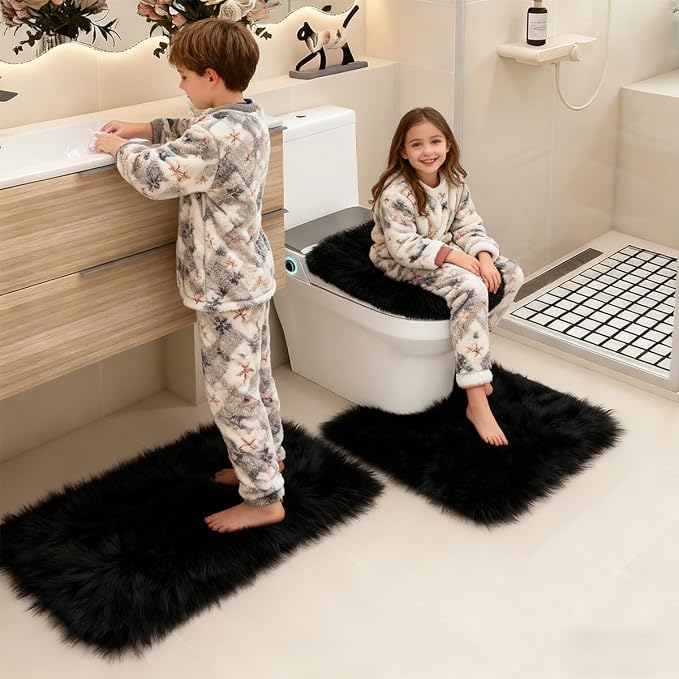 RUN HELIX Black Bathroom Rugs Sets 3 Piece Shaggy Bath Mat Non-Slip Mats Water Absorbent Bath Rug Floor Mats Soft Washable Shower Rug with U-Shaped Contour Rug Toilet Lid Cover Home Decor Accessories