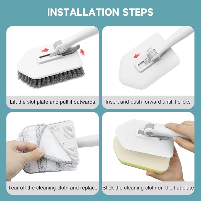 nacena Shower Scrubber with Long Handle, 4 in 1 Tile Tub Scrubber Brush with 3 Detachable Cleaning Shower Heads and Floor Squeegee Shower Cleaner Brush for Bathroom Kitchen Tub Sink Floor, Grey White