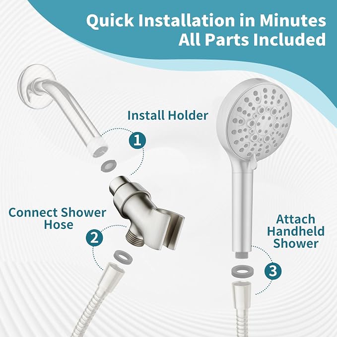 BRIGHT SHOWERS All Metal Handheld Shower Head Holder, Adjustable Shower Arm Mount with 360 Degree Rotatable Brass Ball Joint and Hose Connector, Universal Wall Hook Bracket, Brushed Nickel