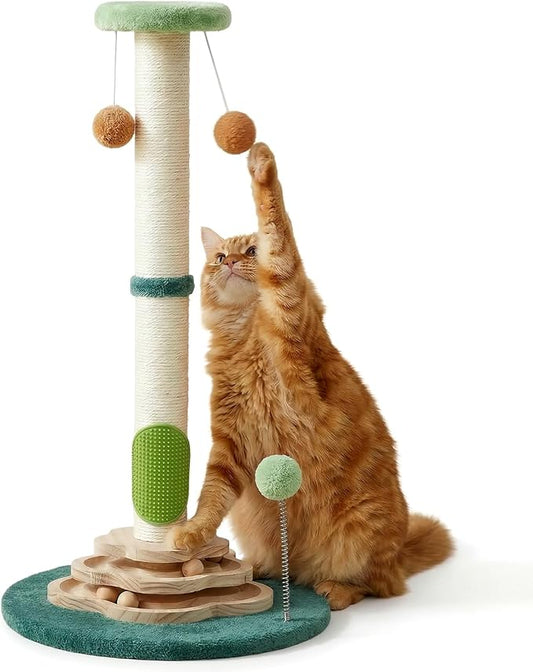25.6inches Tall Cat Scratching Post, Cute Cat Scratching Post with Groomer | with Interactive Ball, Two-Layer Track Spring Ball Toys, Indoor Cats and Kittens, Protect Your Furniture
