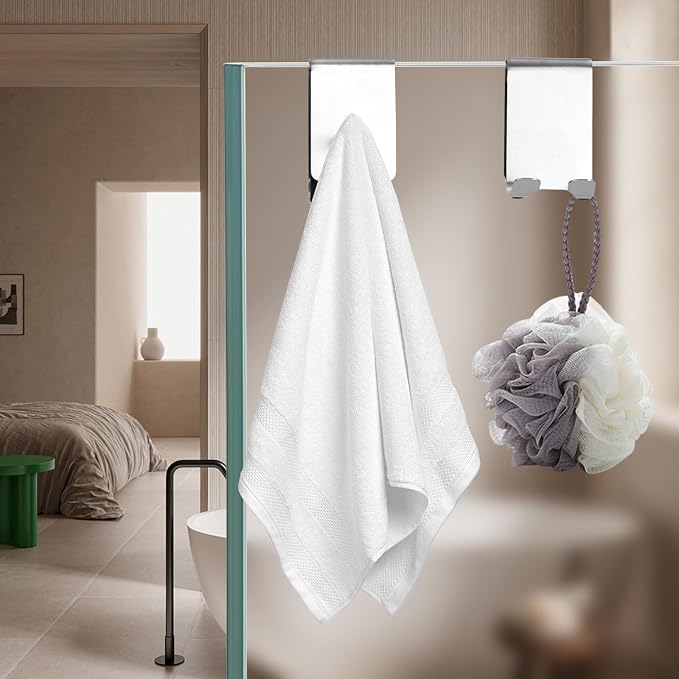 4-PCS Over Shower Door Towel Hooks for Frameless Glass, Stainless Steel Double-Sided Non-Slip Towel Hooks for Towels, Razor, Robes,Bath Towels, Bathroom Glass Door Towel Holder (4, Silver)