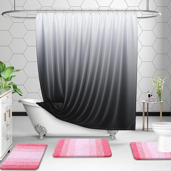 OLANLY Micorfiber Bathroom Rug Set 2 Piece, 47"x20"+24"x16" | Pink, Soft Absorbent Bath Rug Set, Non-Slip, Machine Wash Dry, Plush Shaggy Bath Mats for Bathroom