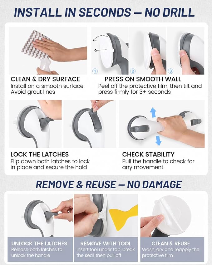 Suction Grab Bars for Bathtubs and Showers, Gel-Enhanced Heavy Duty Stable Grip Safety Bars for Seniors and Elderly, No Drilling Removable Bathroom Handles for Tub and Shower Support, Gray/W
