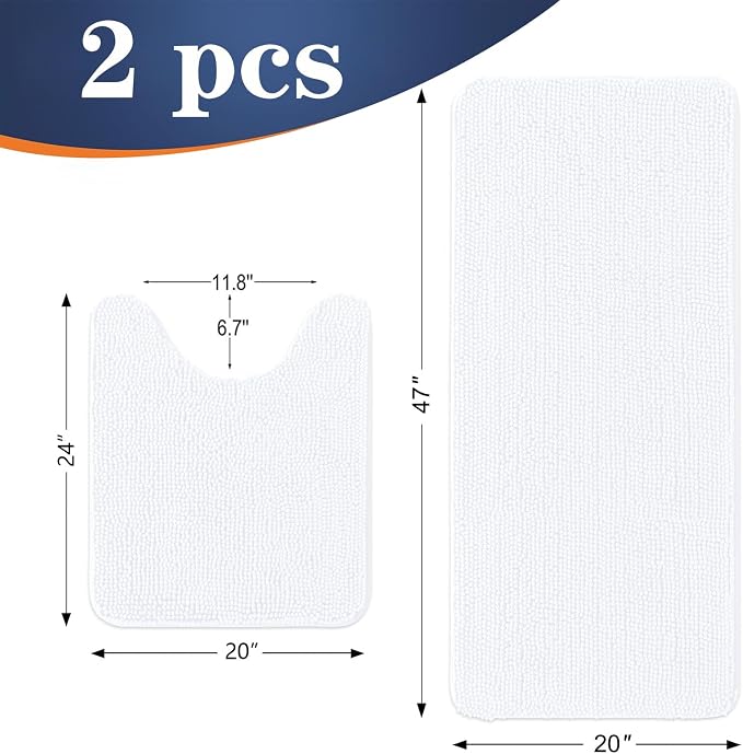 OLANLY Chenille Bathroom Rugs Mats Sets 2 Piece, 47"x20"+24"x20", White | Soft Absorbent Bath Mat and U-Shaped Contour Toilet Rug Set, Quick Dry, Machine Washable Bath Carpet, Home Decor Accessories