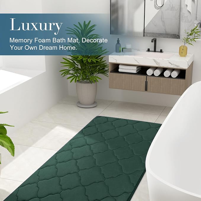 OLANLY Memory Foam Bath Mat Rug 47x24, Ultra Soft Bathroom Rugs, Dark Green | Thick Absorbent Carpet, Non-Slip Backing, Machine Washable, for Bathroom Floor, Tub, Shower and Home Decor Accessories