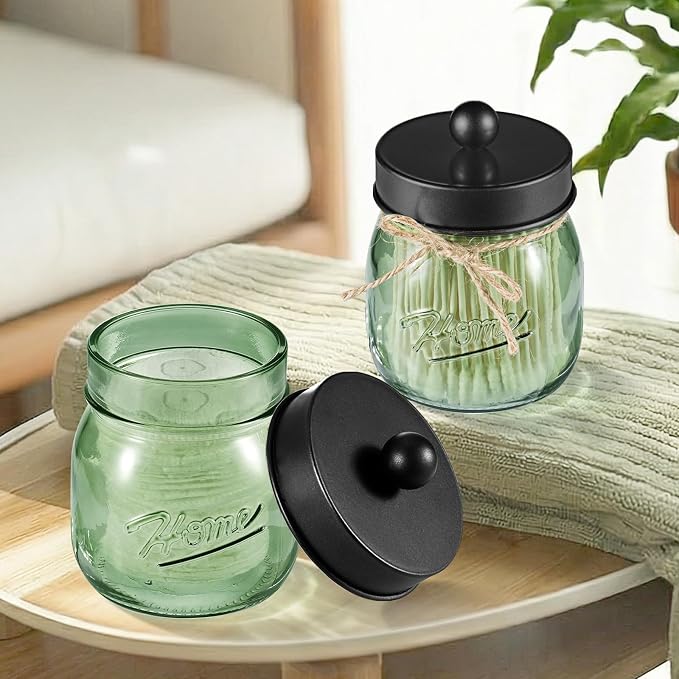 SheeChung 3 Pack Green Glass Mason Jar Qtip Holder Dispenser, Black Lids | Apothecary Jar Canisters Set,Stainless Steel Lids,Small Bathroom Jars,Vanity Storage Organizer for Cotton Swab,Ball,Pad,Floss