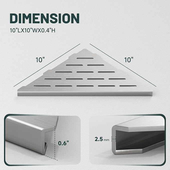 10" Corner Shower Shelf, 304 Stainless Steel Slot Design Bathroom Shower Shelf, Recessed Corner Shelves for Tiled Wall, Brushed Nickel, 2 Pack