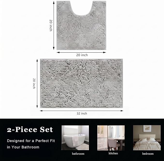 Bathroom Rugs Chenille Bath mat 2 Piece Set, Super Absorbent, Strong PVC Non Slip Backing, Bath mats for Bathroom, Plush Shaggy, Thick, Machine Washable, Bathtub, Toilet.(Light Grey)