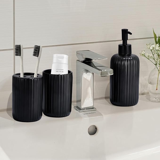 Black Bathroom Accessories Set, 4PC Ceramic Bathroom Sets Complete-Toothbrush Holders, Soap Dispenser, Vanity Tray, Toothbrush Cup, Sleek Black Bathroom Decor, Housewarming Gifts