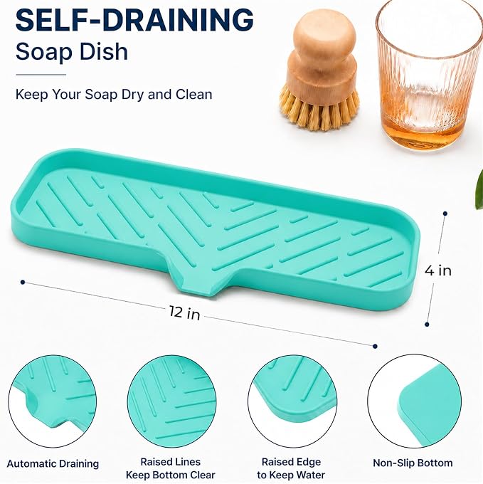 MicoYang Silicone Soap Dish with Drain Spout — Self-Draining Double Sink Organizer Tray for Kitchen & Bathroom, Dispensers, Sponges & Soap Holder, Non-Slip & Dishwasher Safe, Mint (Large, 12"×4")