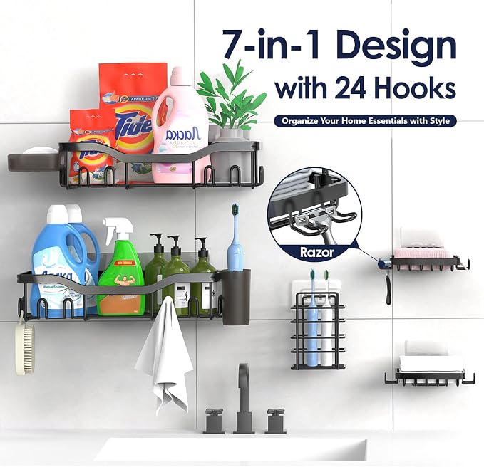 NESOMI 7-Pack Shower Caddy Adhesive,Stainless Steel Shower Organizer Shelf | Rustproof, with Soap Dish Toothbrush Holder, Large Capacity, No-Drill Rack Bathroom Storage Accessories, 24 Hooks, Home Decor