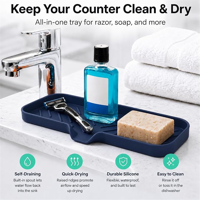 MicoYang Silicone Soap Dish with Drain Spout — Self-Draining Double Sink Organizer Tray for Kitchen & Bathroom, Dispensers, Sponges & Soap Holder, Non-Slip & Dishwasher Safe, Navy Blue (Large, 12"×4")