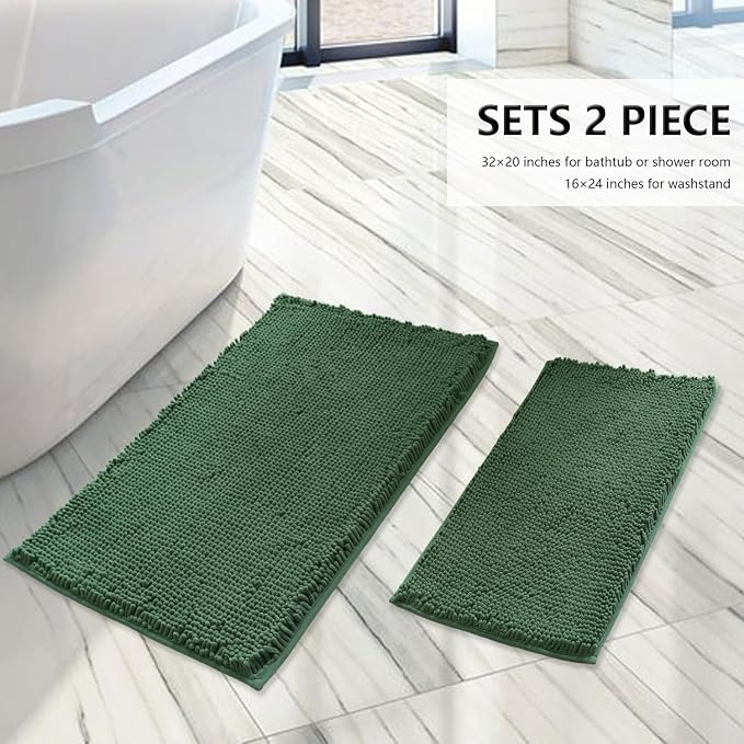 BOANKODU Bathroom Rugs Sets 2 Piece, Extra Soft Chenille Bath Mat Absorbent Bathroom Rug, Bathroom Mat with PVC Non-Slip Bottom, Machine Washable Bath Rugs (32x20 Inch + 24x16 Inch, Dark Green)