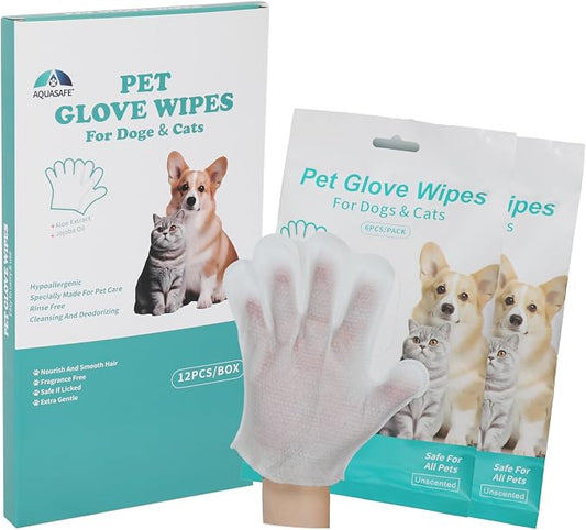 Pet Glove Wipes - No-Rinse Dog Grooming Wipes & Cat Bath Gloves | Unscented Hypoallergenic Dog Wipes, [12] Ct