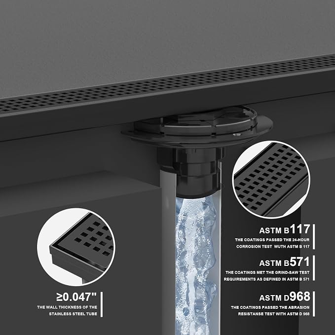 Linear Shower Drain | 48 Inch AISI 304 Stainless Steel Shower Drain, Matte Black Linear Drain with Removable Quadrato Grate Cover & Adjustable Feet, Rectangle Floor Drain, in Bathroom Balcony etc