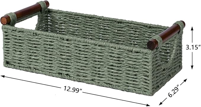 CubesLand Small Wicker Toilet Basket Tray Organizer W/Cut Out Handle, Handwoven Slim Decorative Basket for Countertop, Shelves And for Rustic Home Decor, Living Room, Nursery Organization, Green