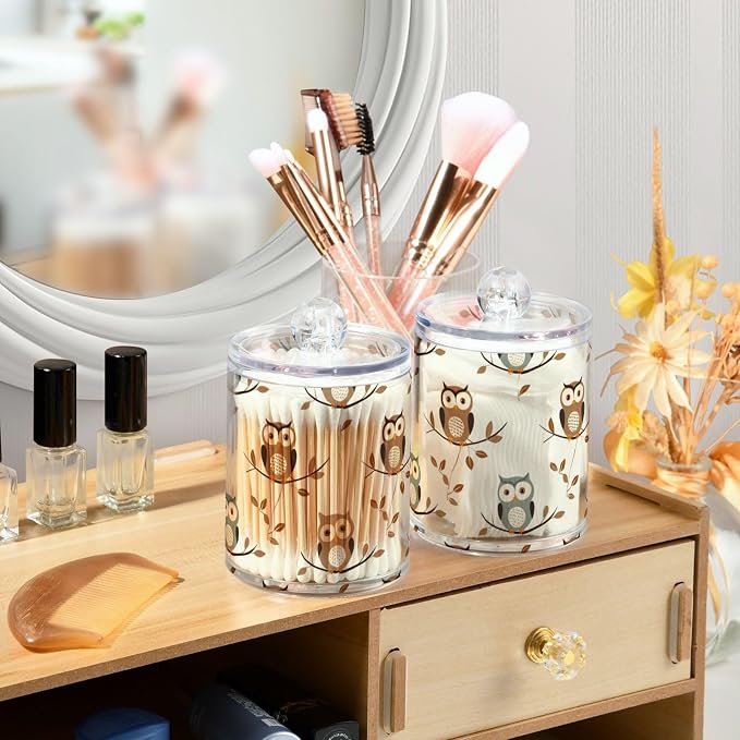4 Pack Qtip Holder Dispenser Owl Forest Little Animal Cotton Ball Cotton Swab Round Pads Floss Clear Bathroom Storage Containers Plastic Apothecary Jars with Lids