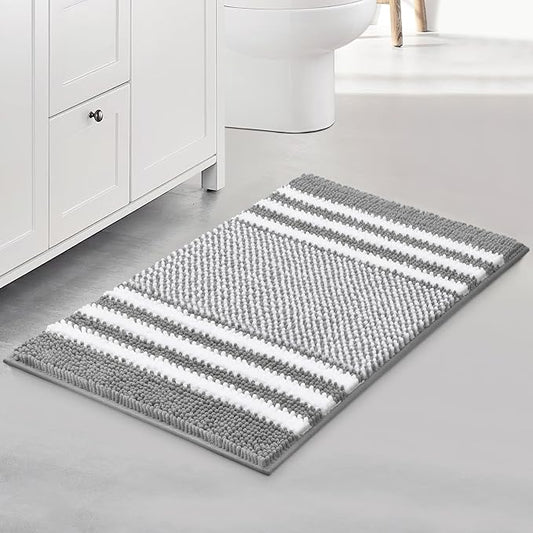 Bathroom Rugs, 17x24 Chenille Bath Mats, Light Grey | Extra Soft Absorbent, Non Slip Striped, Quick Dry Machine Washable, Modern，Shower Rug for Bathroom Bedroom Decor