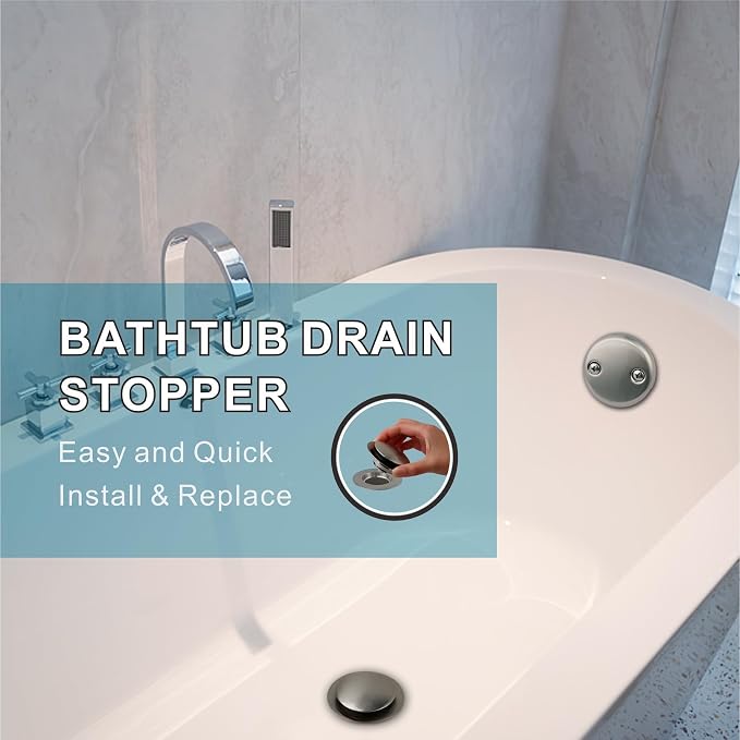 Brushed Bathtub Stopper Tub Drain,Welsan Universal Pop Up Tub Drain Stopper Replacement Tip Toe, Lift and Turn with 2-Hole Overflow Face Plate Cover and EZ Bath Tub Plug (Brushed Nickel)
