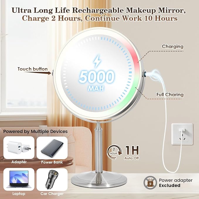 VESAUR 15X Magnifying Mirror with Light, 9.5 Large 5000mAh Rechargeable Double Sided HD Lighted Makeup Mirror with 3 Touch Dimmable Light, 360° Swivel Detachable for Travel Vanity Mirror Nickel, Gifts