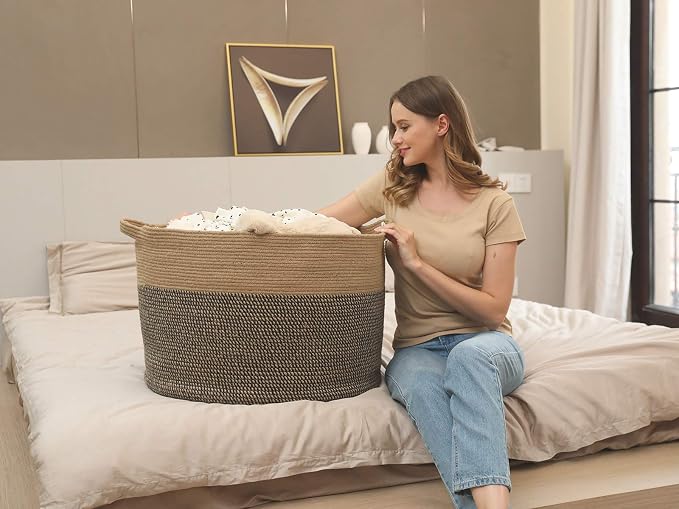 24" x 24" x 17" Max Size Large Cotton Rope Basket, Extra Large Storage Basket, Woven Laundry Hamper, Cloth Storage Bin, for Blankets Clothes Towels Pillows in Living Room, Jute/Black Mix