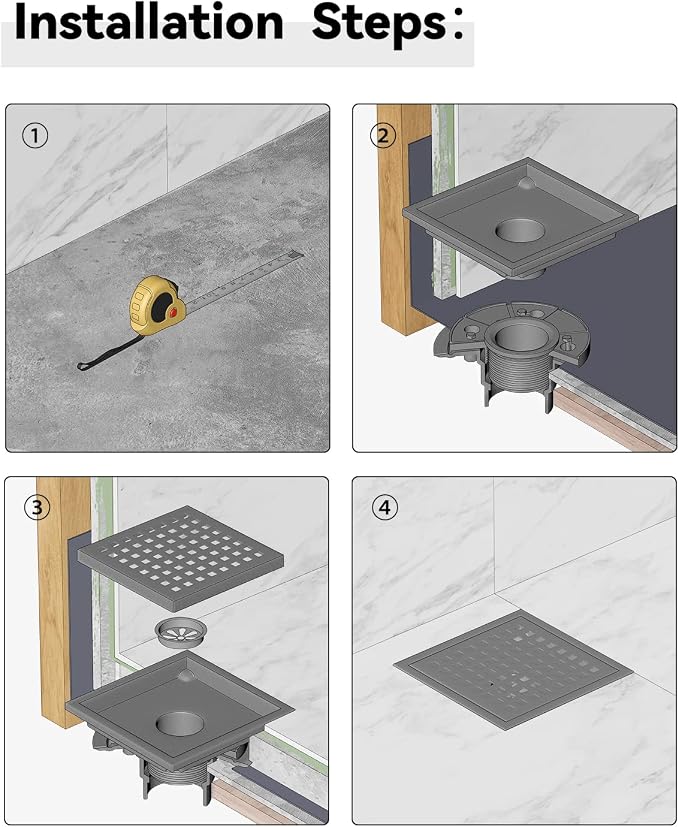 Matte Black Shower Drain 6 Inch with Flange CUPC Certified- Made of 304 Stainless Steel, Square Drain Includes Removable Cover Grid Grate, Hair Strainer,Thread Adapter