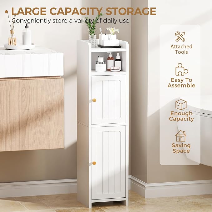 BEWISHOME Small Bathroom Cabinet, Bathroom Storage Cabinet with Adjustable Shelves & 2 Doors, Narrow Toilet Paper Cabinets, 7.9" D x 7.9" W x 31.5" H, for Small Spaces, White YYG03W