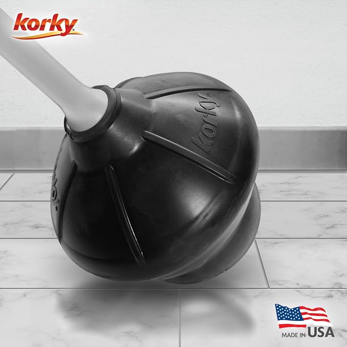 Korky Gray Toilet Plunger and Holder – Fast Clog Removal - Made in USA